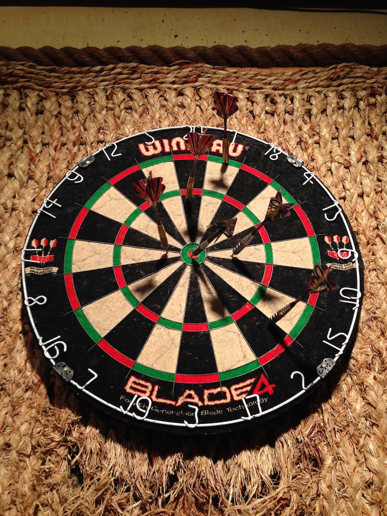 Playing dart after dinner. I have to admit, the dart right in the middle was hers.....